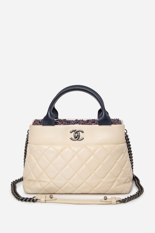 Pre-Owned Chanel 2016–2017 White Calfskin/Tweed Portobello Small Tote Bag