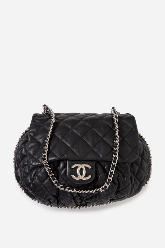 Pre-Owned Chanel 2011-2012 Black Washed Lambskin Quilted Large Chain Around Bag