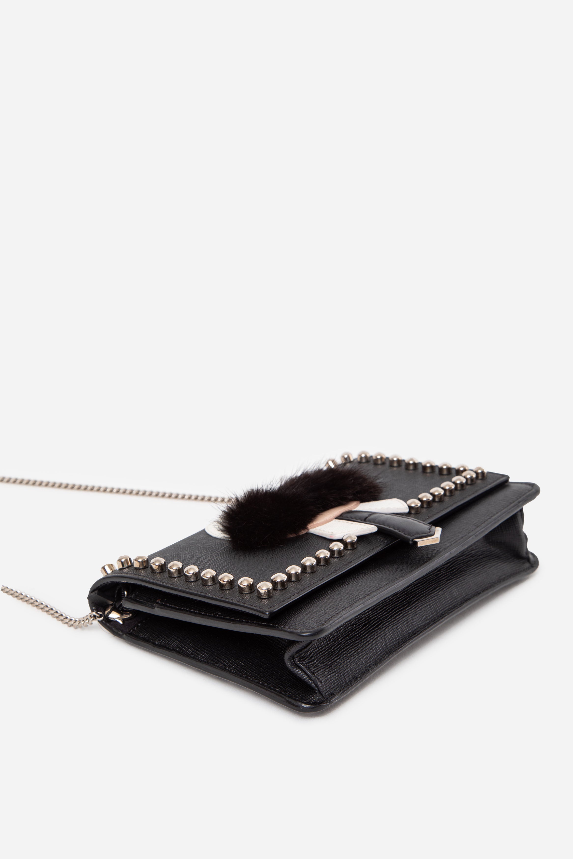 Fendi Black Vitello Elite Mink Fur Studded Karlito Tube Wallet on Chain