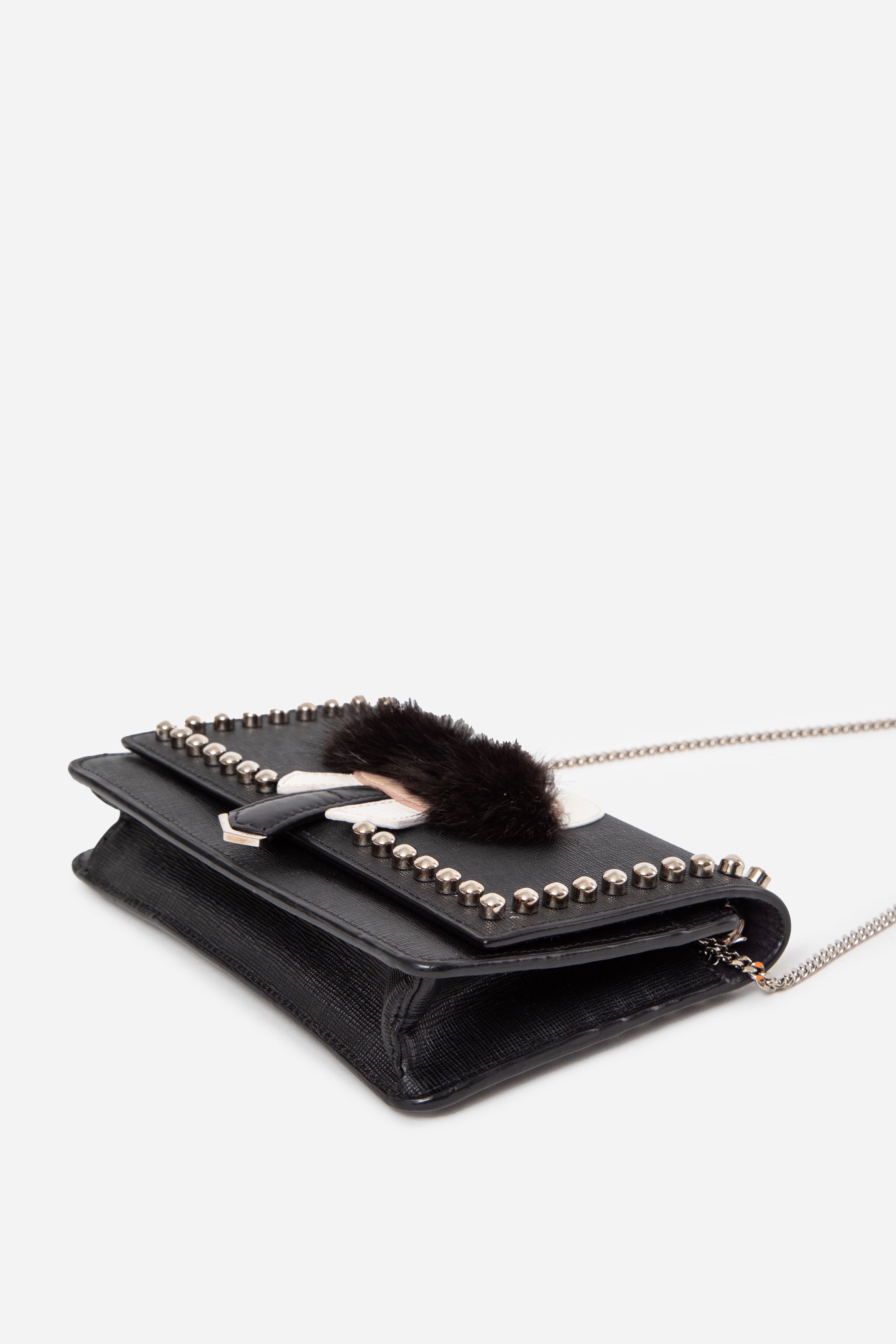 Fendi Black Vitello Elite Mink Fur Studded Karlito Tube Wallet on Chain