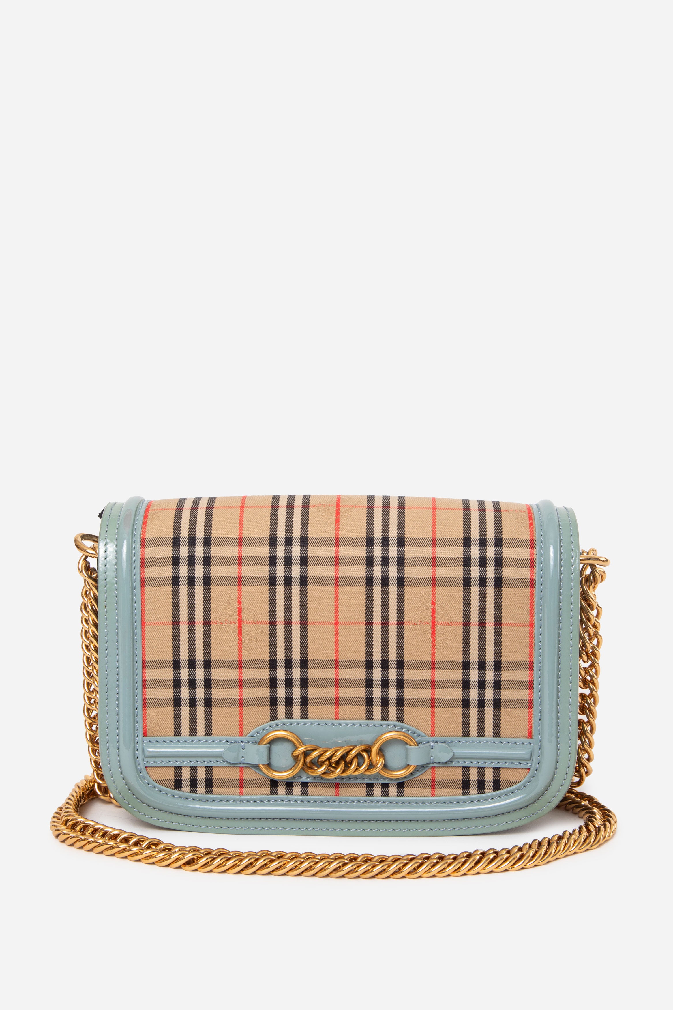 Burberry Blue Patent Knight Check Link Shoulder Bag