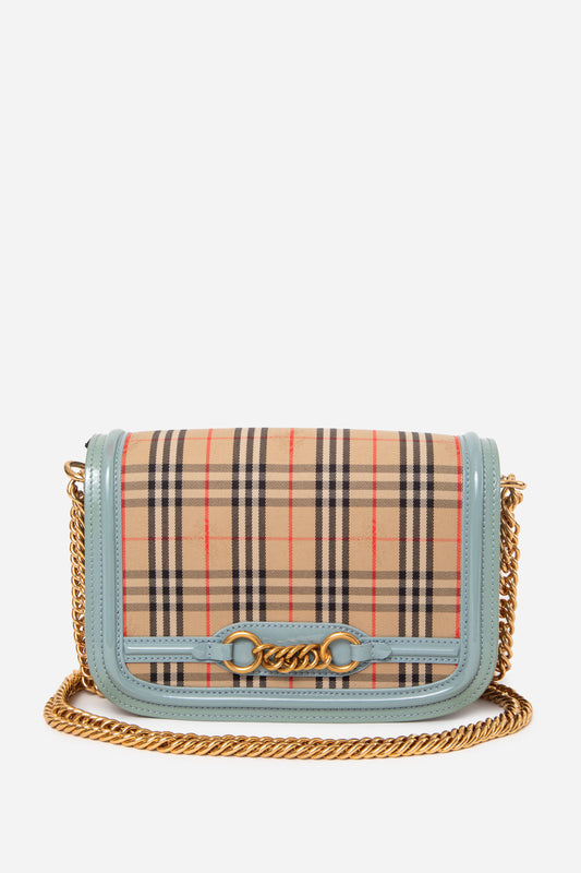 Burberry Blue Patent Knight Check Link Shoulder Bag