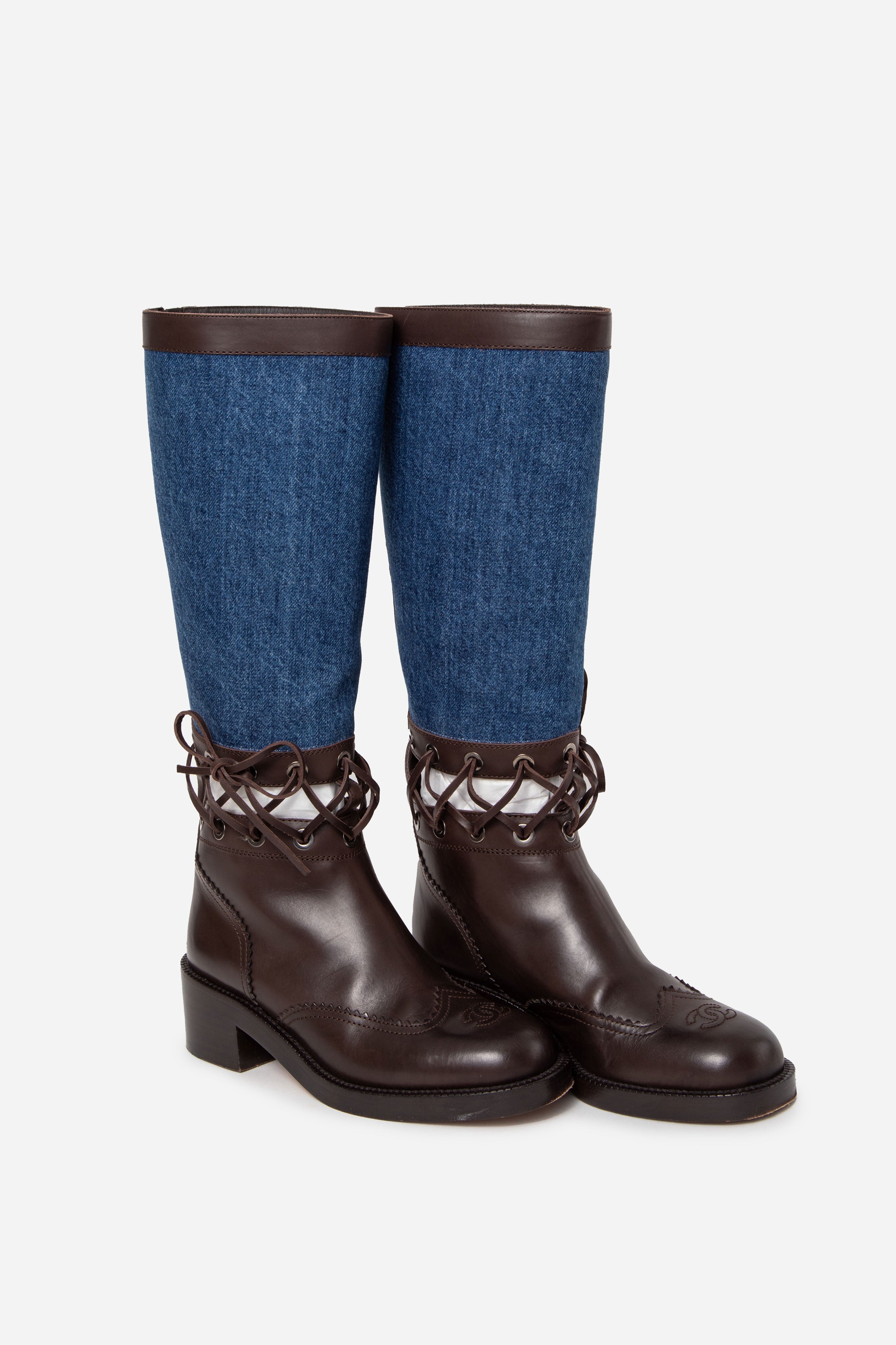 Pre-Owned Chanel Brown Leather & Denim Knee-High Boots Size 37