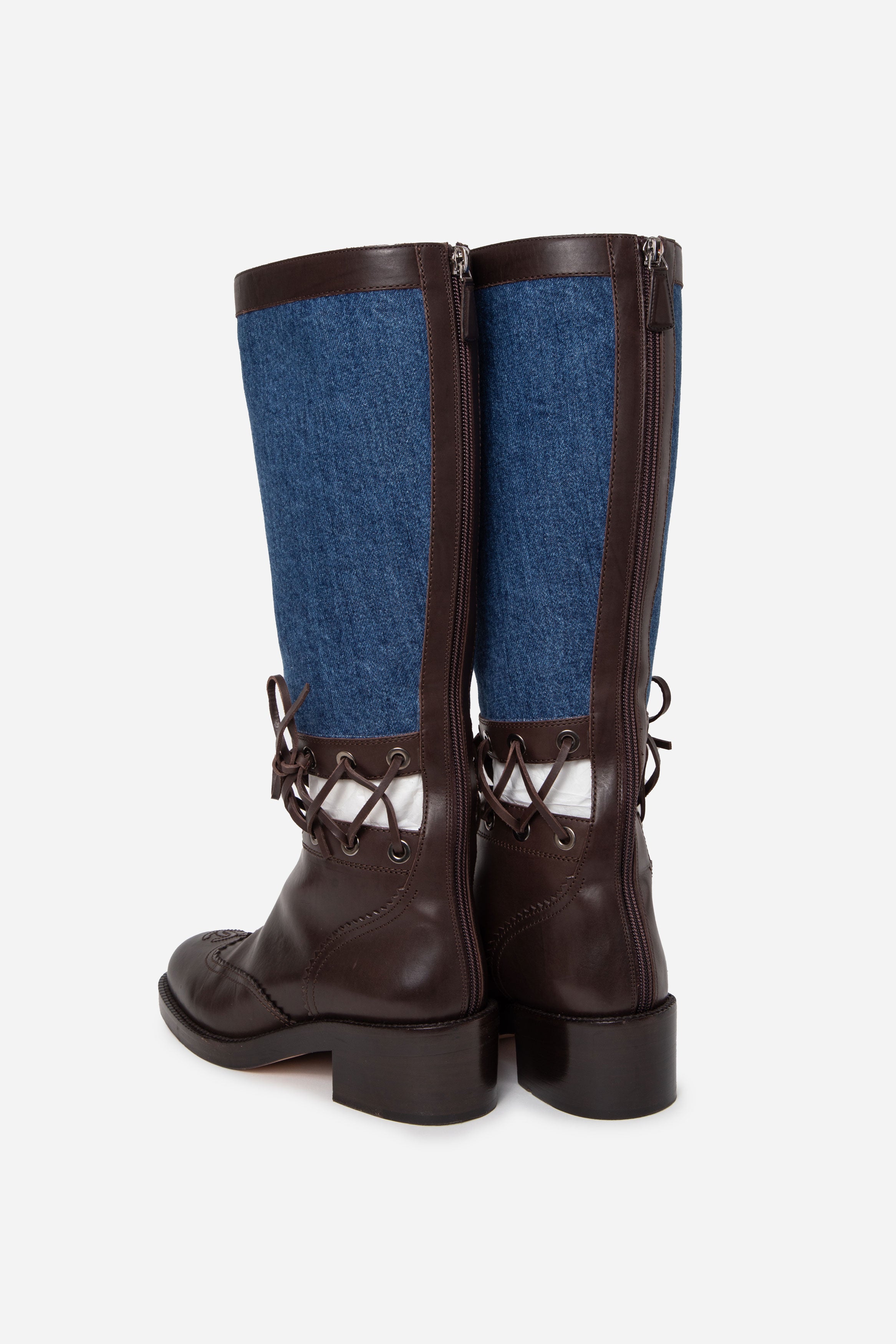 Pre-Owned Chanel Brown Leather & Denim Knee-High Boots Size 37