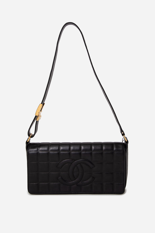Pre-Owned 2003–2004 Chanel Black Calfskin/Lambskin Chocolate Bar Shoulder Bag