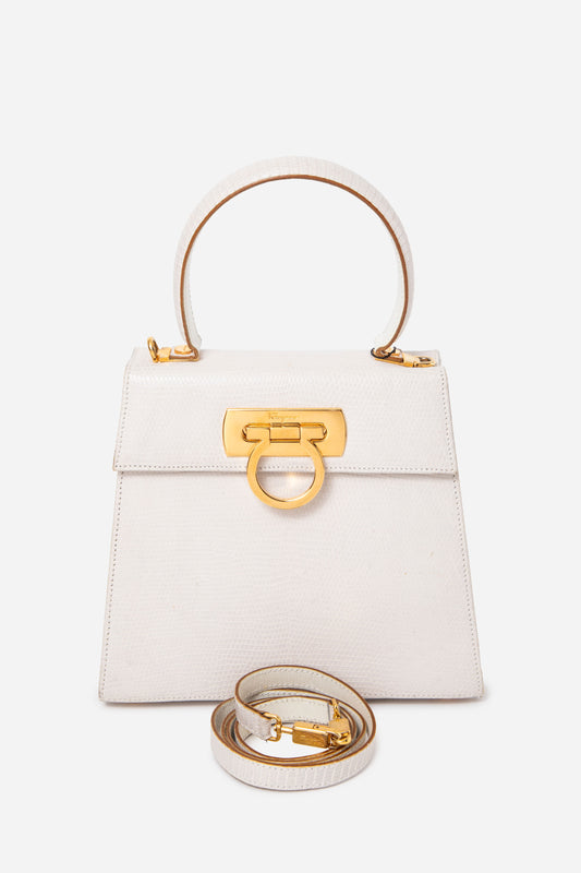 Salvatore Ferragamo White Lizard Top Handle Bag