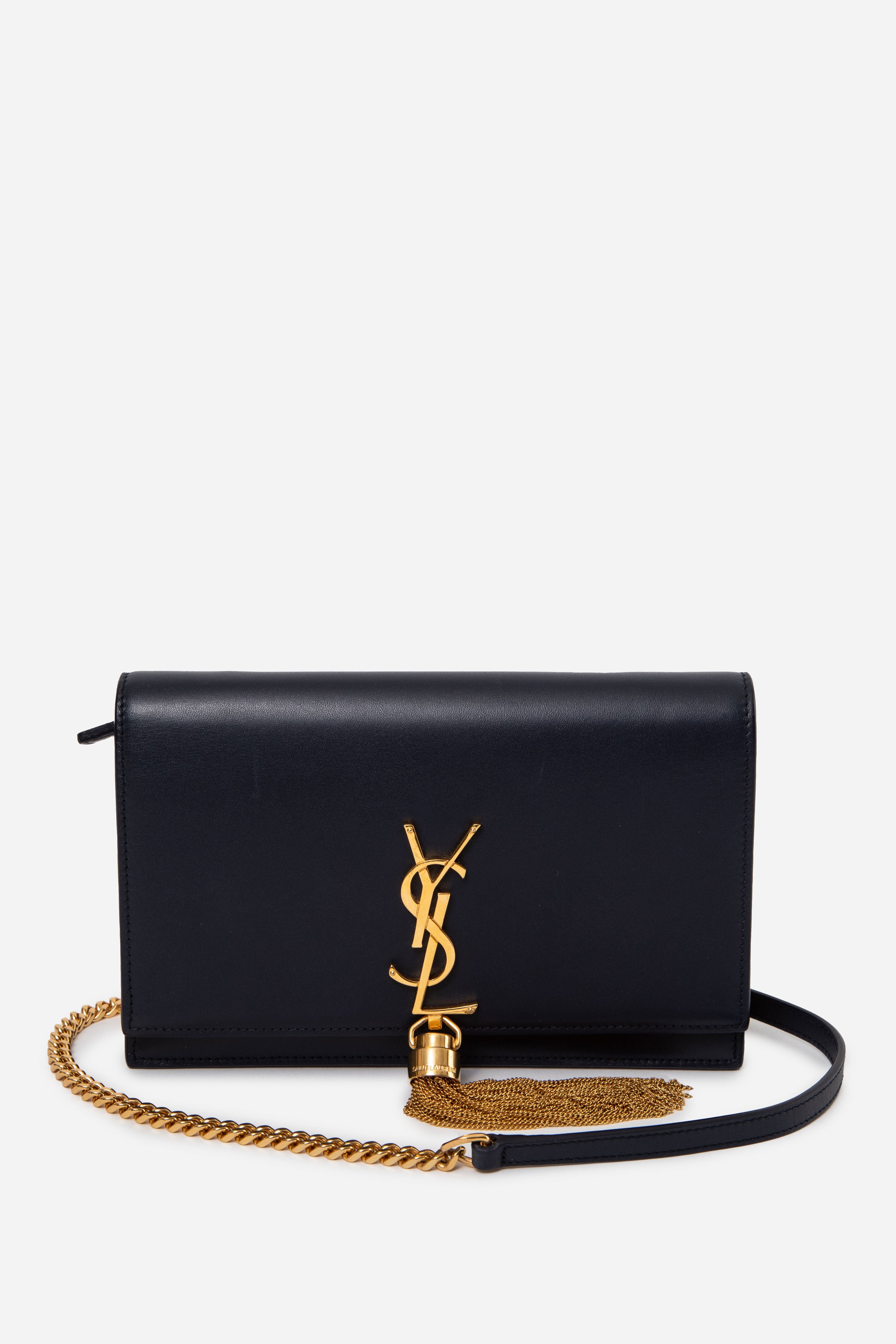 Saint Laurent Navy Smooth Calfskin Kate Tassel Wallet On Chain