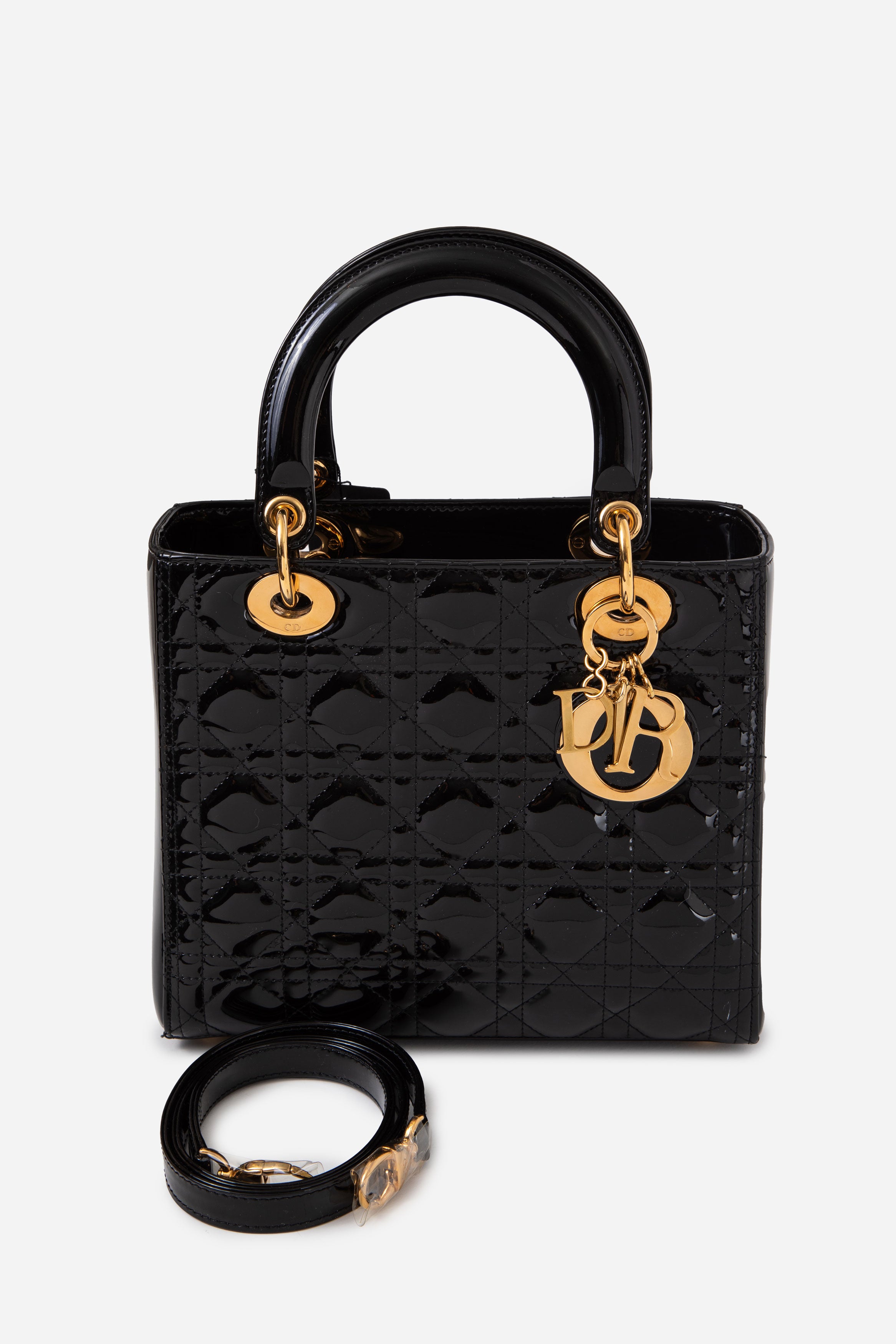 Christian Dior 2011 Black Medium Patent Lady Dior With Strap