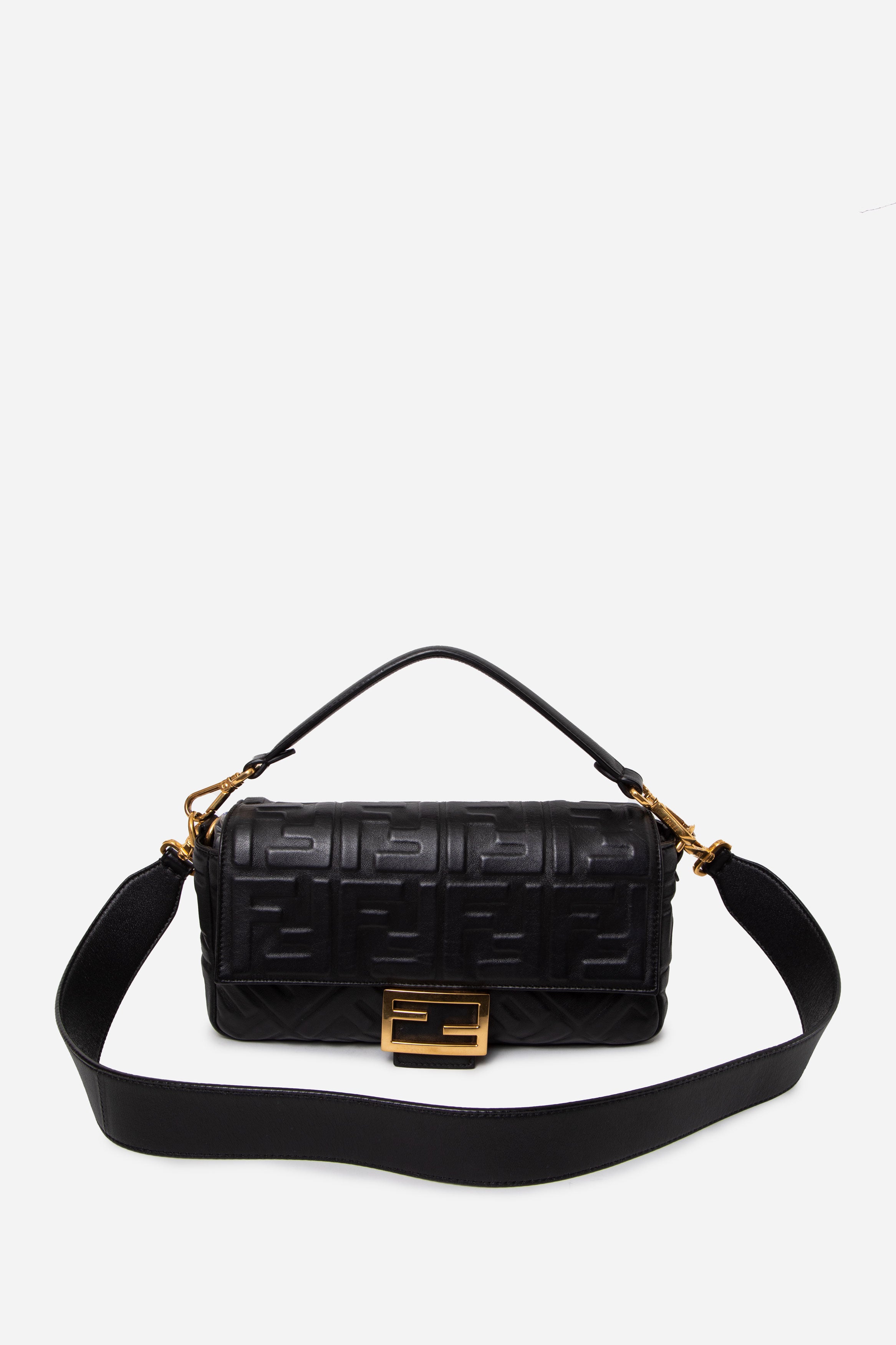 Fendi Black Nappa FF Embossed Large Baguette