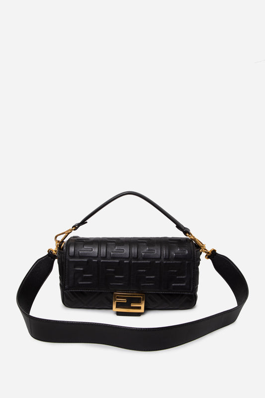 Fendi Black Nappa FF Embossed Large Baguette