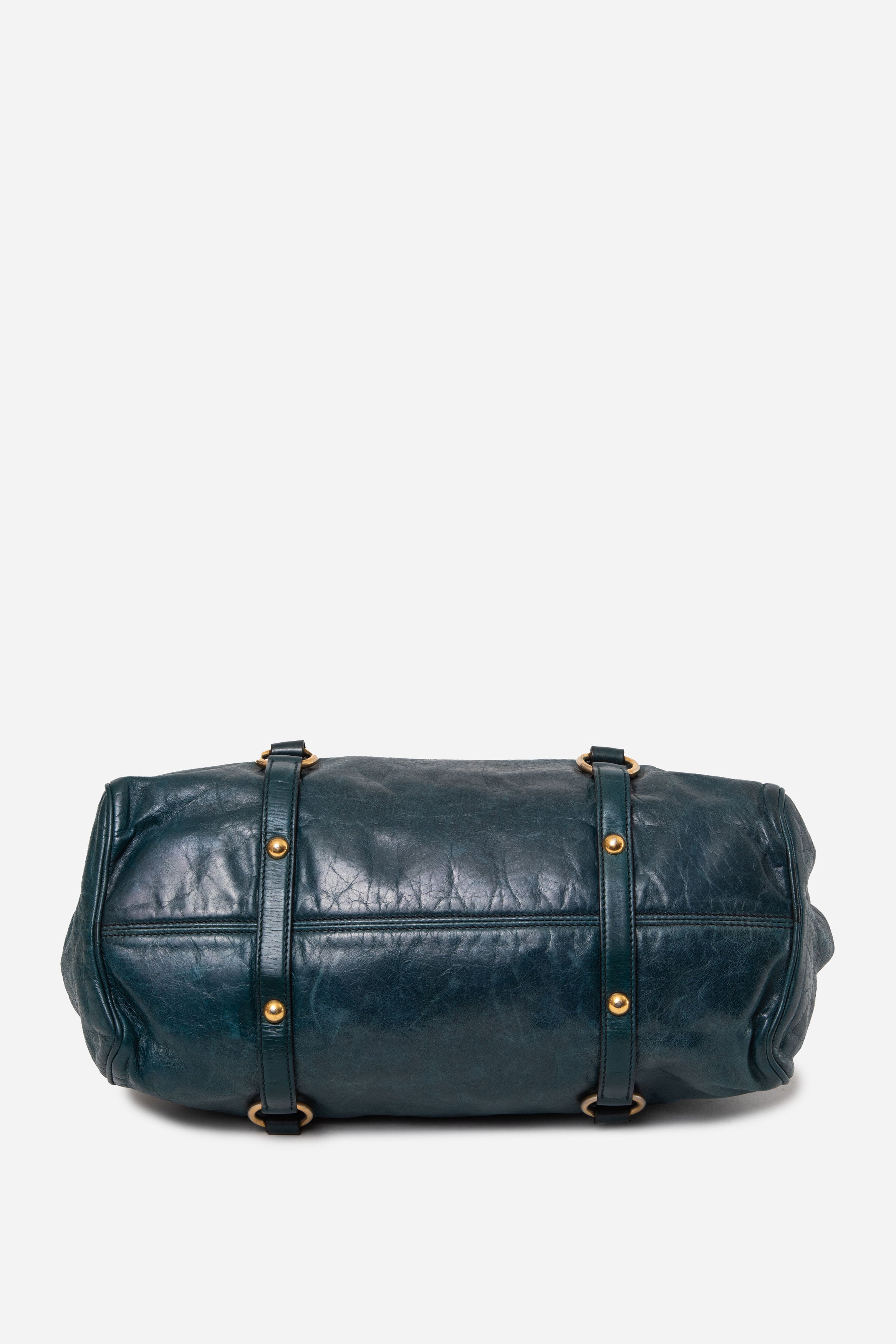 Miu Miu Large Vitello Lux Boston Calfskin Shoulder Bag Blue
