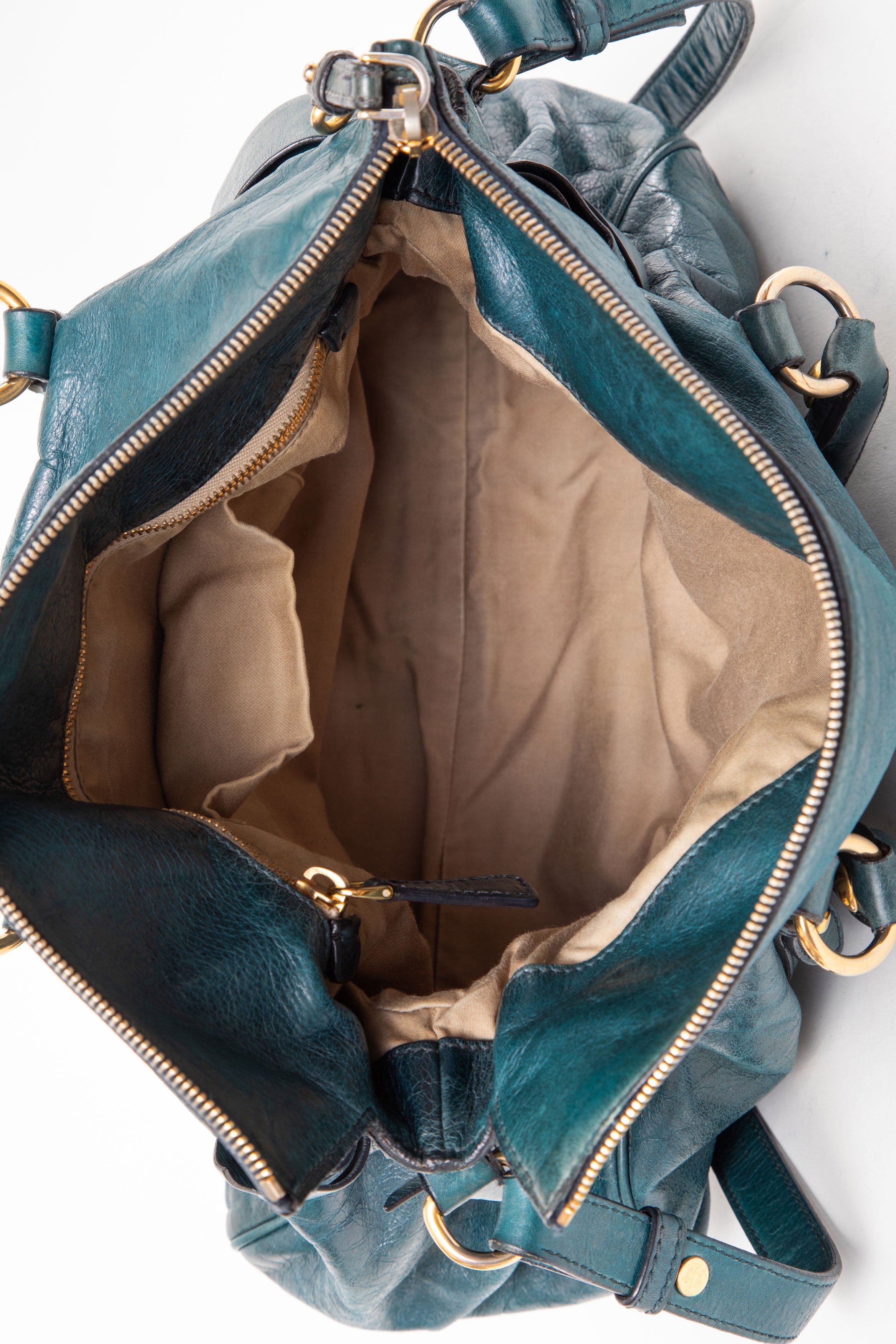 Miu Miu Large Vitello Lux Boston Calfskin Shoulder Bag Blue