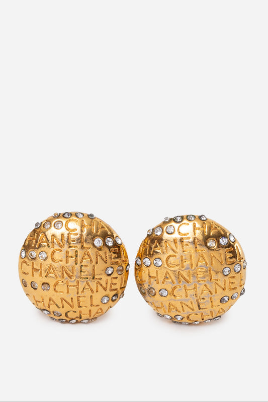 Pre-Owned Chanel Logo Rhinestone Round Earrings Clip-On