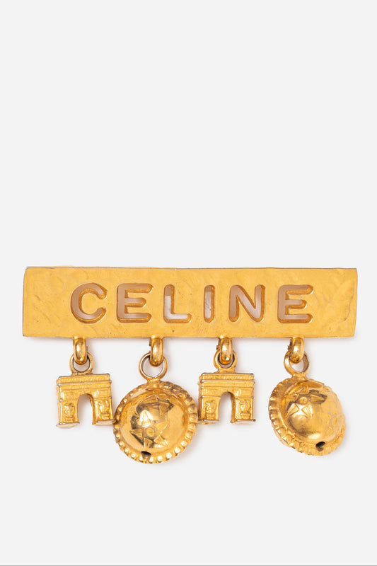 CELINE Vintage Gold Tone Paris Charm Logo Brooch
