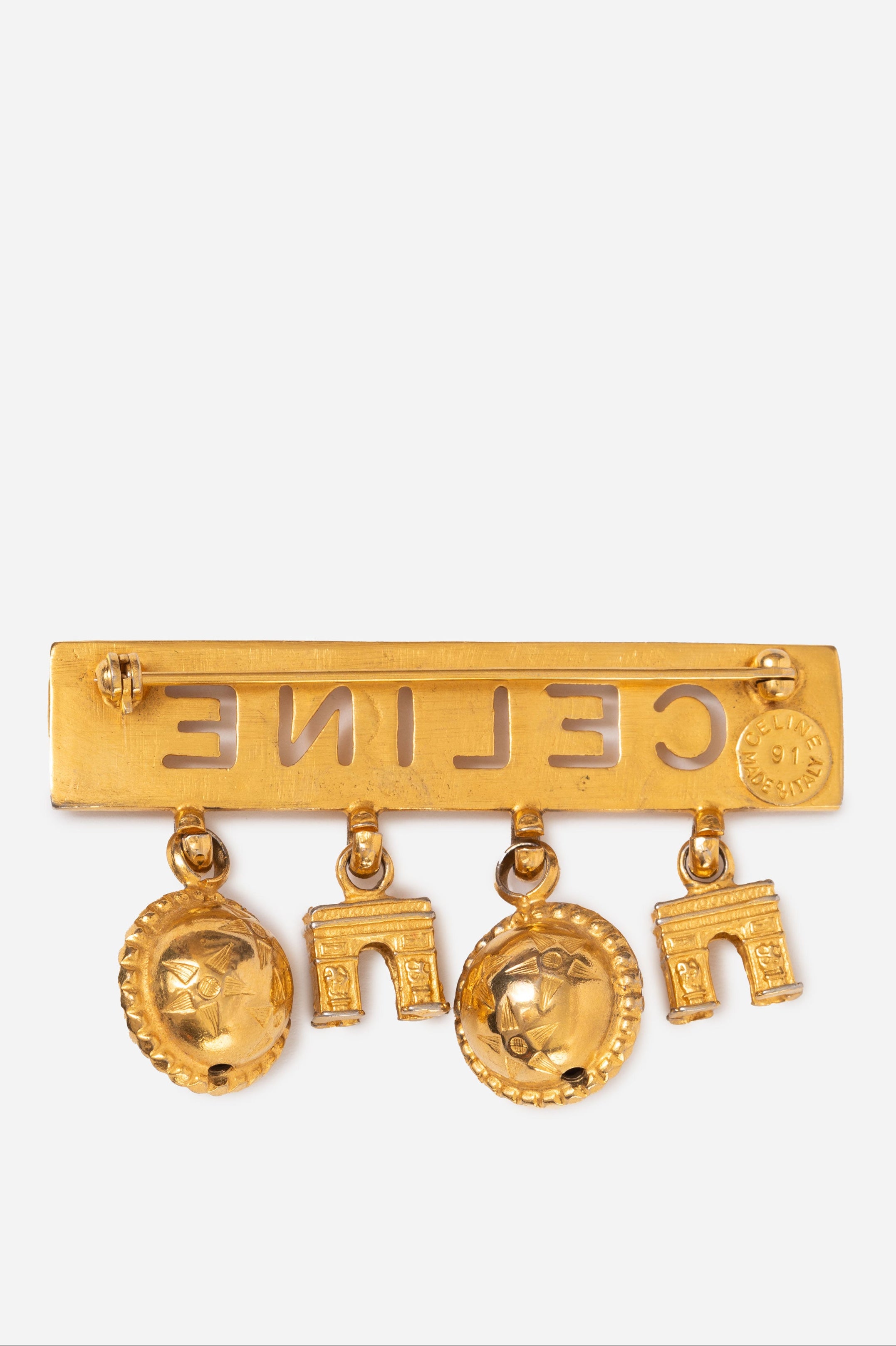 CELINE Vintage Gold Tone Paris Charm Logo Brooch