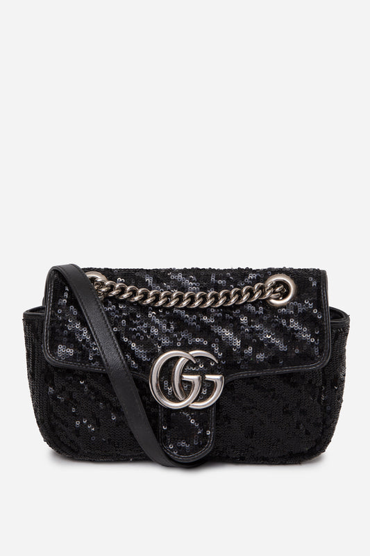 Gucci Black Small Sequin Matelasse Diagonal GG Marmont Shoulder Bag