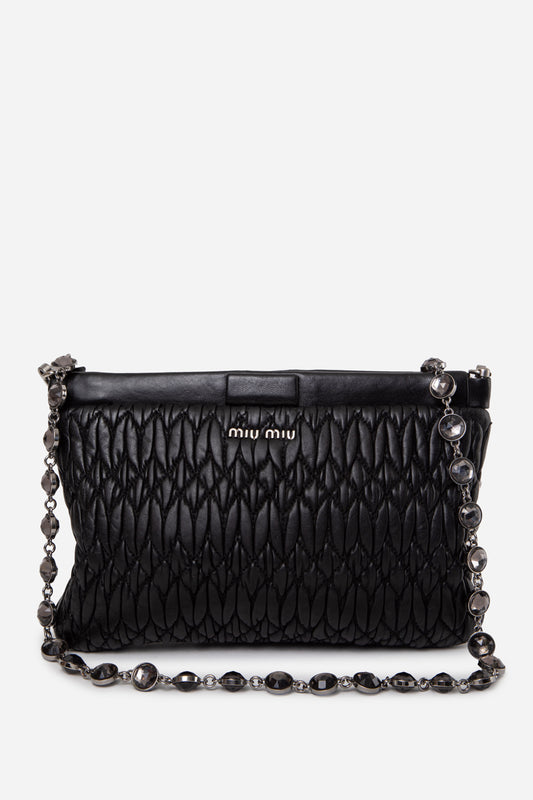 Miu Miu Black Nappa Matelasse Crystal Chain Clutch