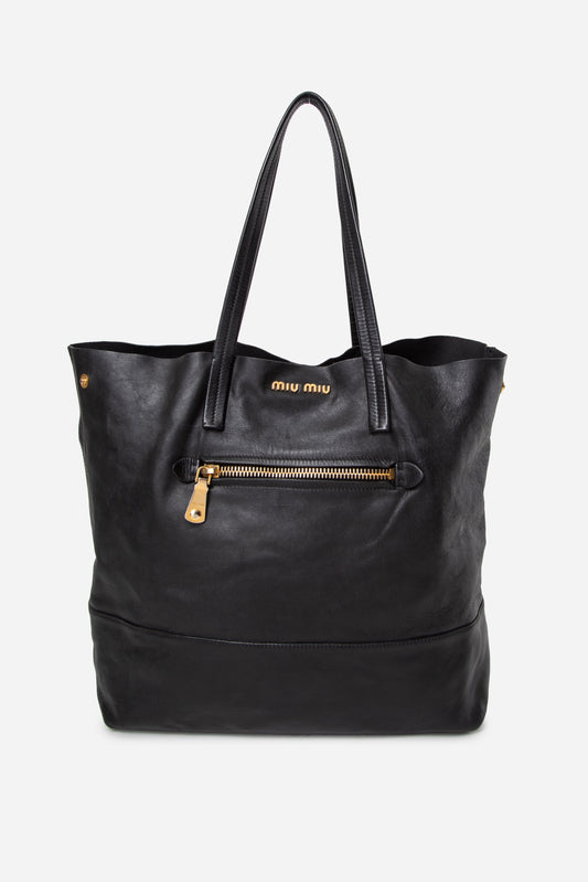 Miu Miu Black Vitello Soft Shopping Tote Bag