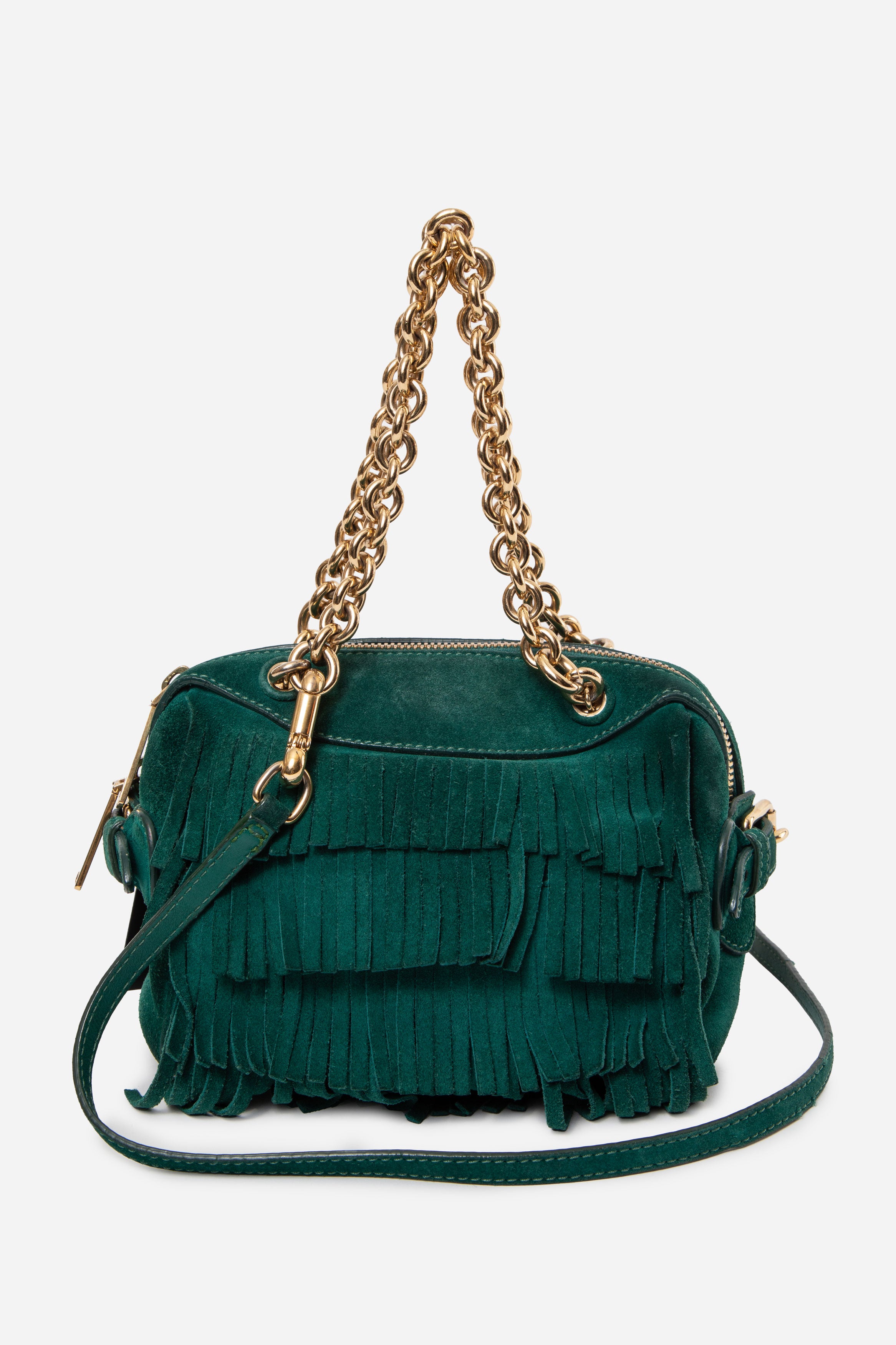 Burberry Green Suede Fringe Mini Chain Bag With Strap