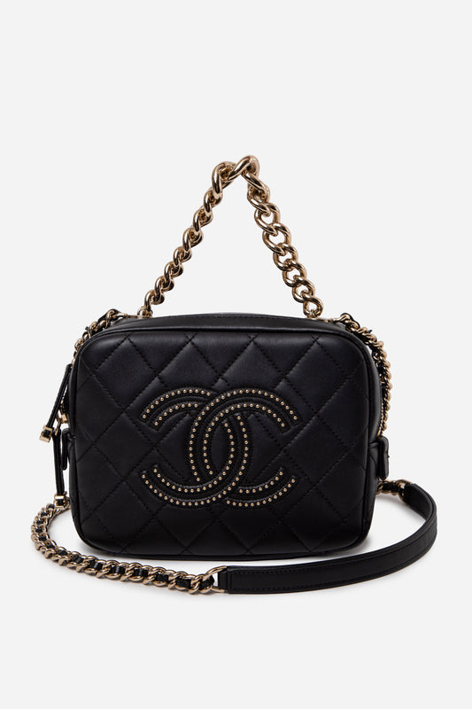 Pre-Owned Chanel Lambskin Quilted Studded Beauty Begins Bag Black