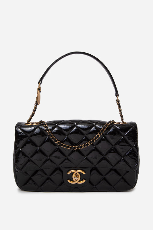 Pre-Owned Chanel 2015-2016 Patent/Calfskin Flap Bag Black