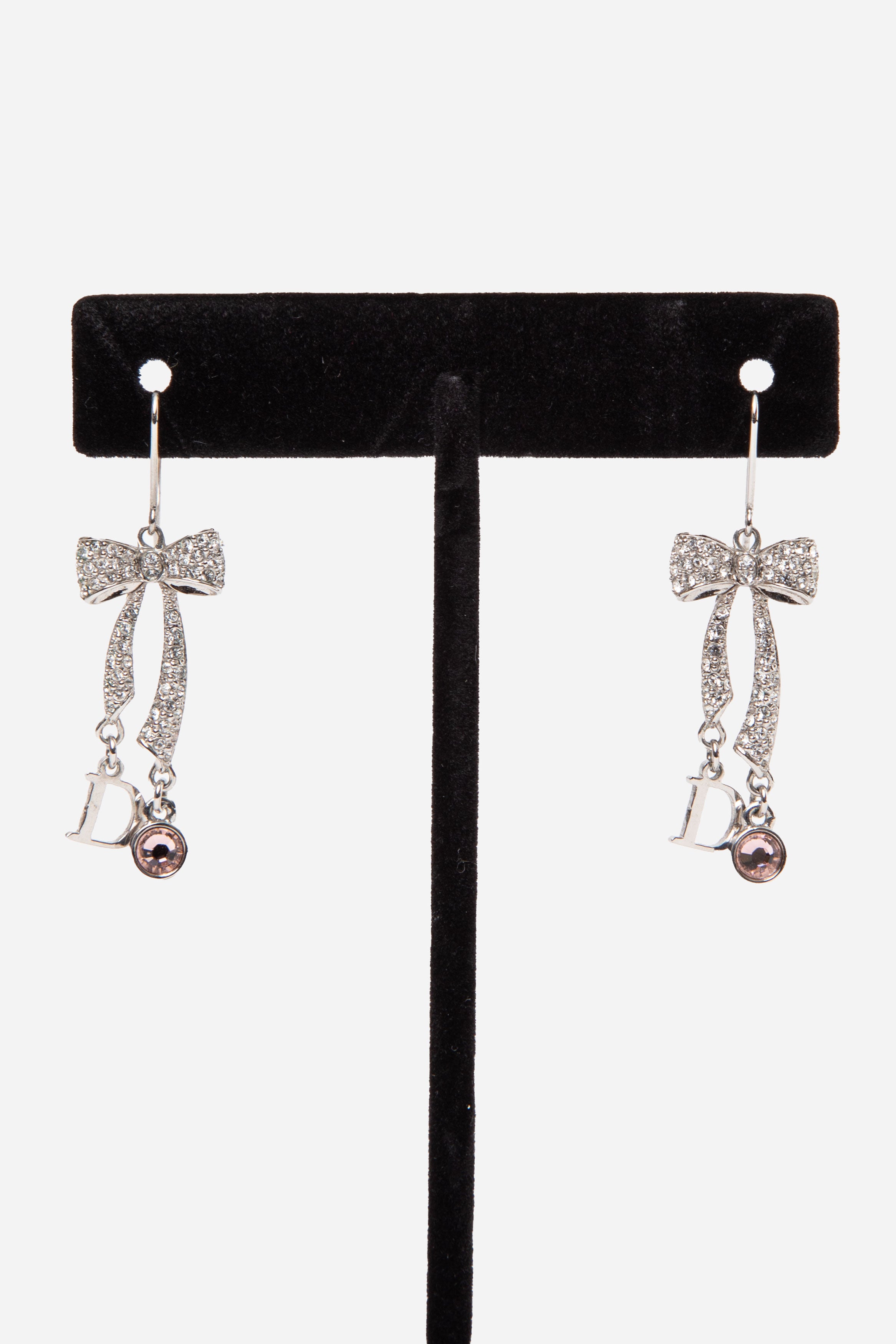 Christian Dior Crystal Bow Earrings Silver-Tone