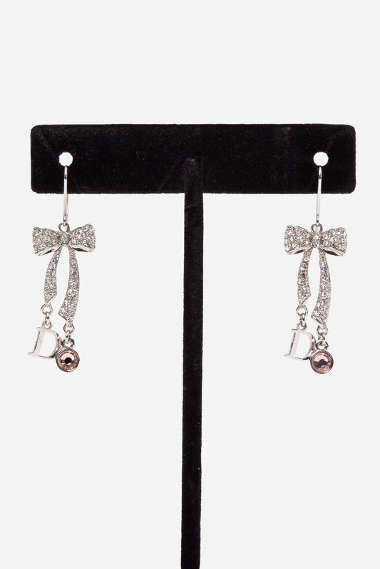 Christian Dior Crystal Bow Earrings Silver-Tone