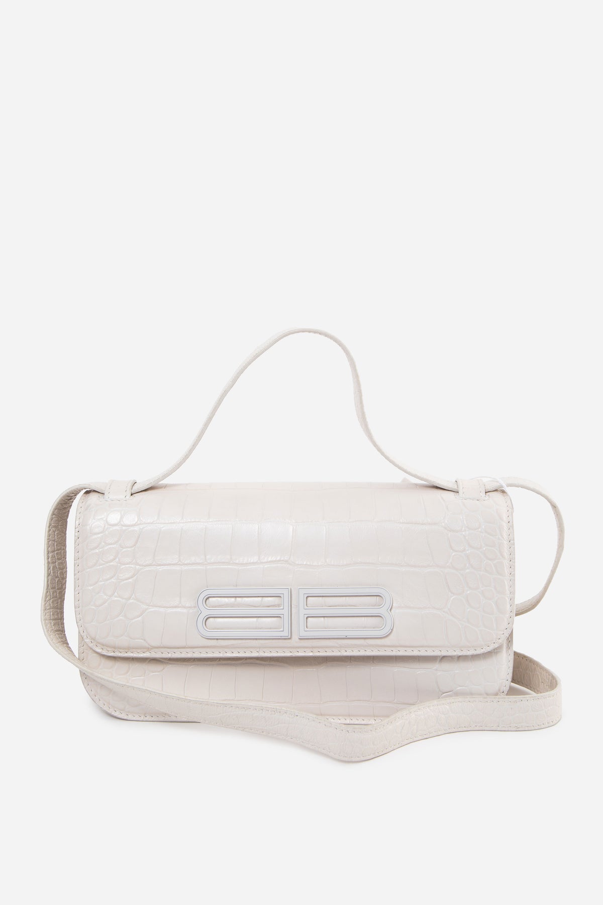 Balenciaga White Calfskin Crocodile Embossed Gossip Shoulder Bag
