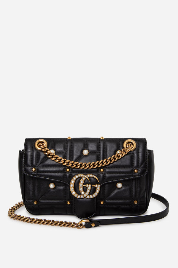 Gucci Black Small Calfskin Matelasse Studded Pearly GG Marmont Shoulder Bag