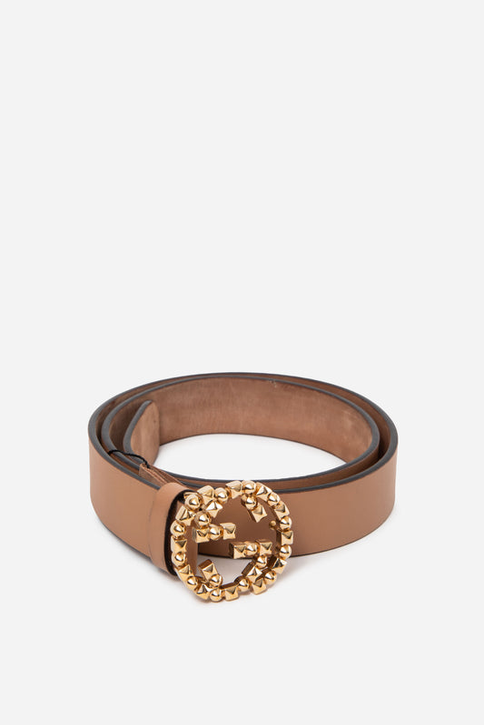 Gucci Beige Leather Studded Interlocking GG Buckle Belt