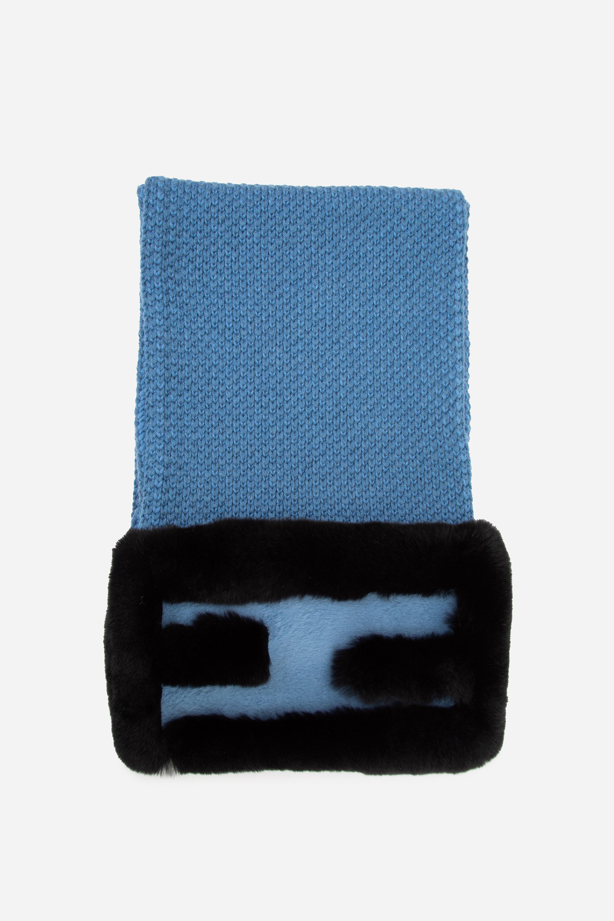 Fendi Blue Wool and Cashmere Scarf with Rabbit Fur “FF” Detail