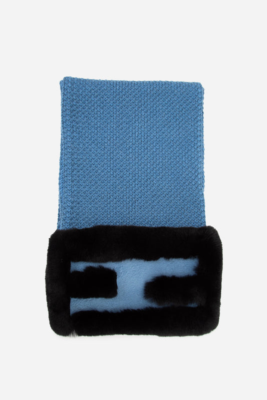 Fendi Blue Wool and Cashmere Scarf with Rabbit Fur “FF” Detail