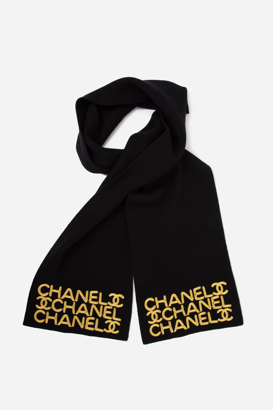 Pre-Owned Chanel Black Logo Wool/Cashmere Scarf