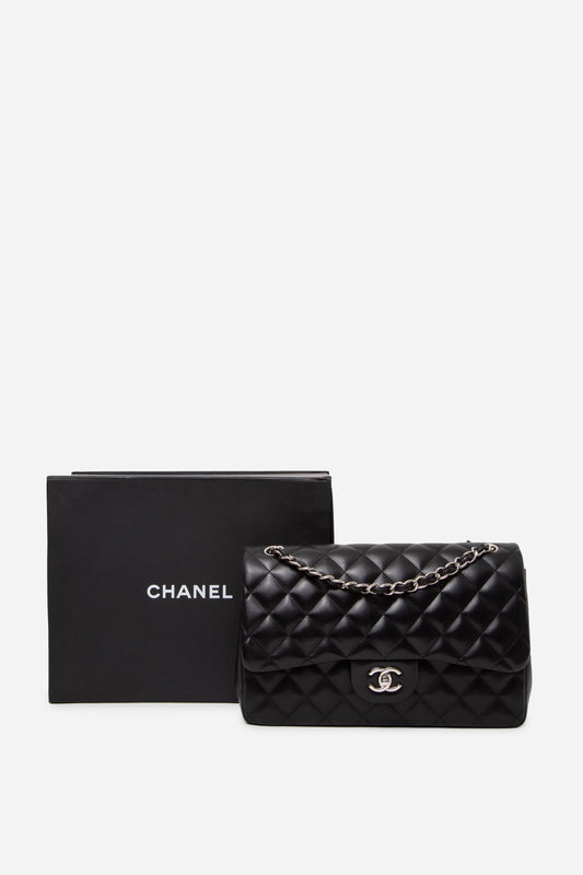 Pre-Owned Chanel 2014 Black Lambskin Classic Jumbo Double Flap Bag