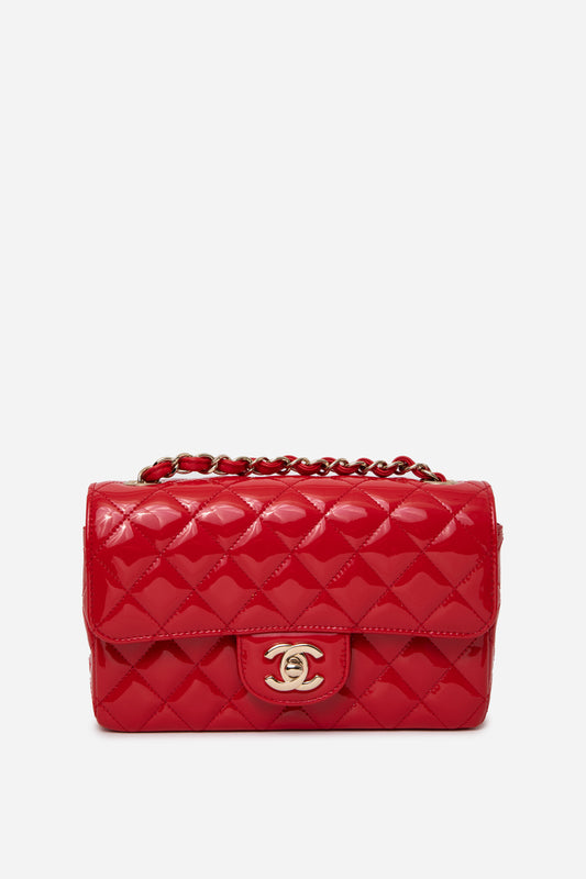 Pre-Owned Chanel 2019 Red Patent Leather Mini Rectangle Flap Bag