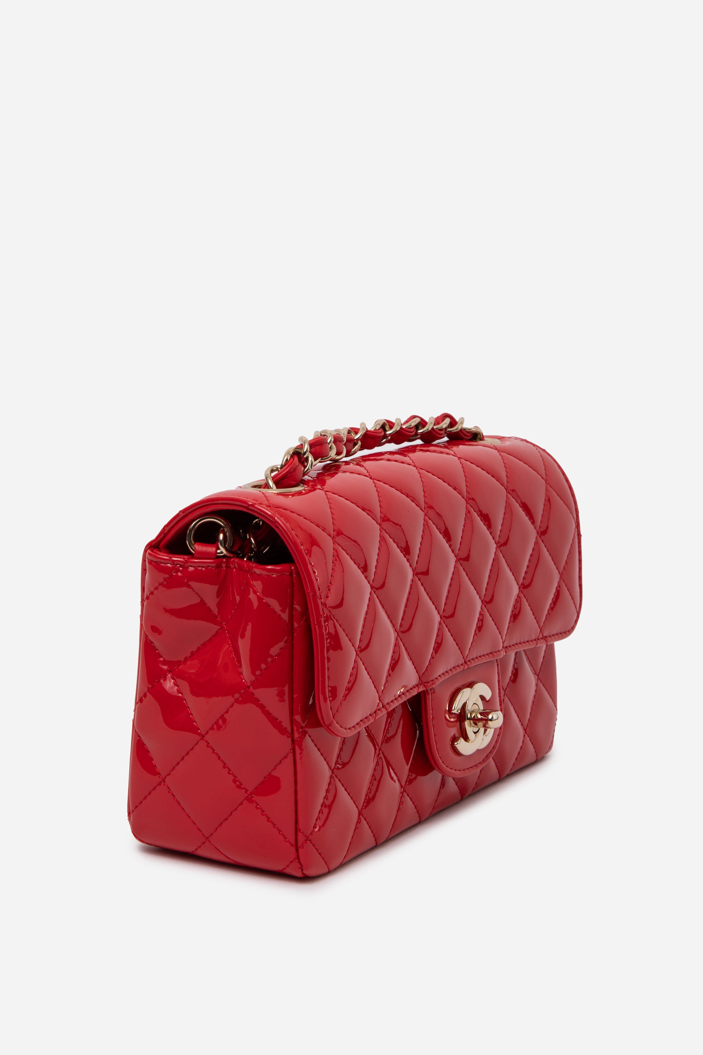 Pre-Owned Chanel 2019 Red Patent Leather Mini Rectangle Flap Bag