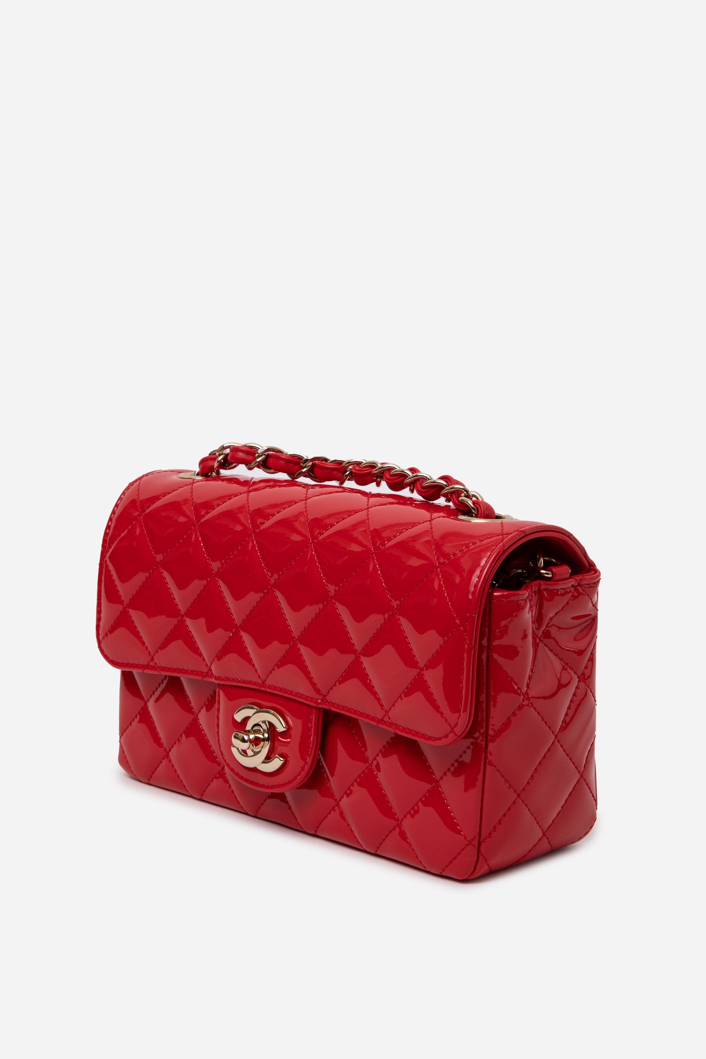 Pre-Owned Chanel 2019 Red Patent Leather Mini Rectangle Flap Bag