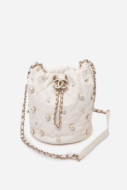 Pre-owned Chanel 2021 Lambskin Pearl Drawstring Bag
