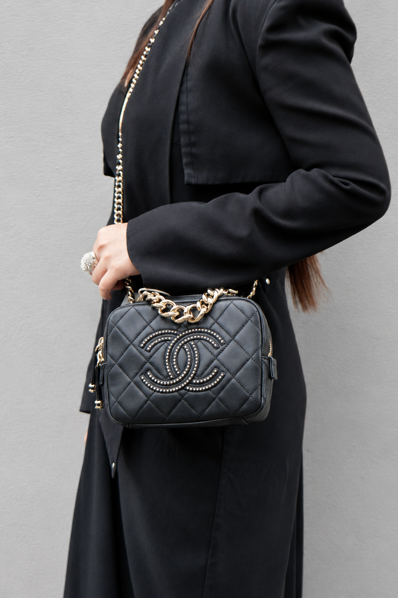 Pre-Owned Chanel Lambskin Quilted Studded Beauty Begins Bag Black