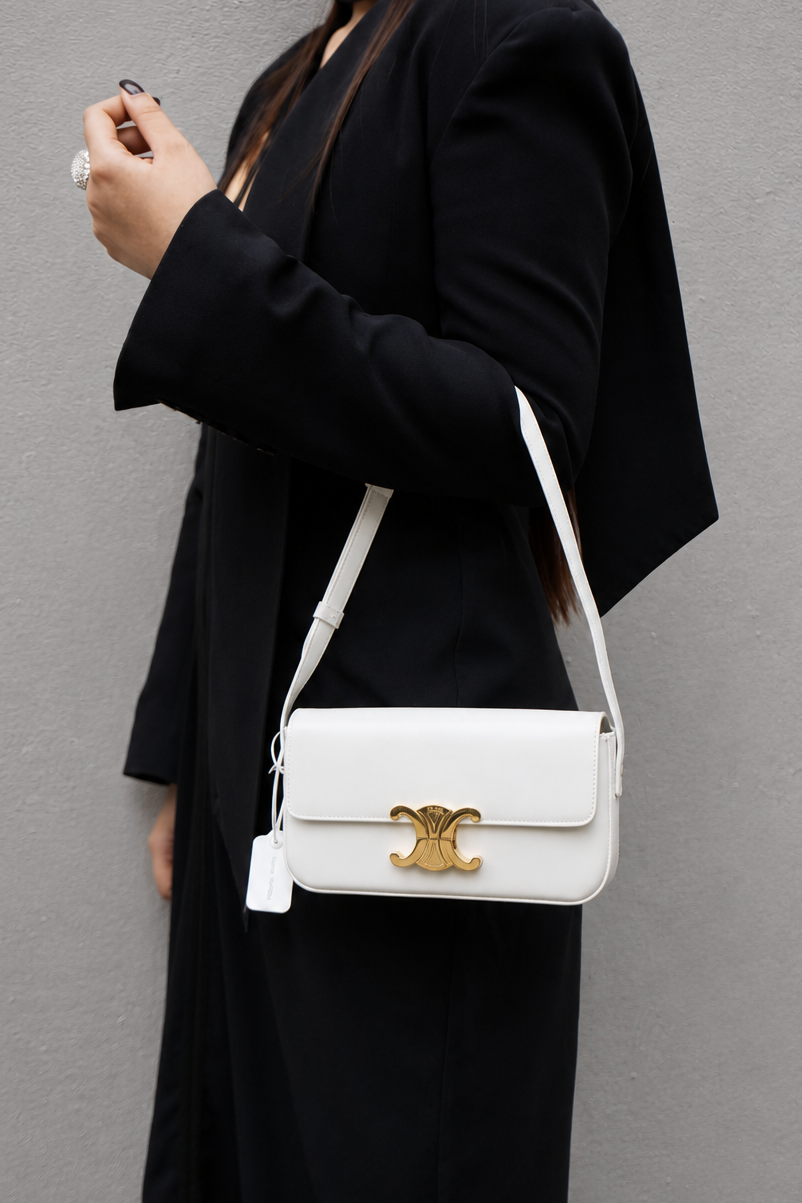 Celine 2023 White Shiny Calfskin Claude Shoulder Bag