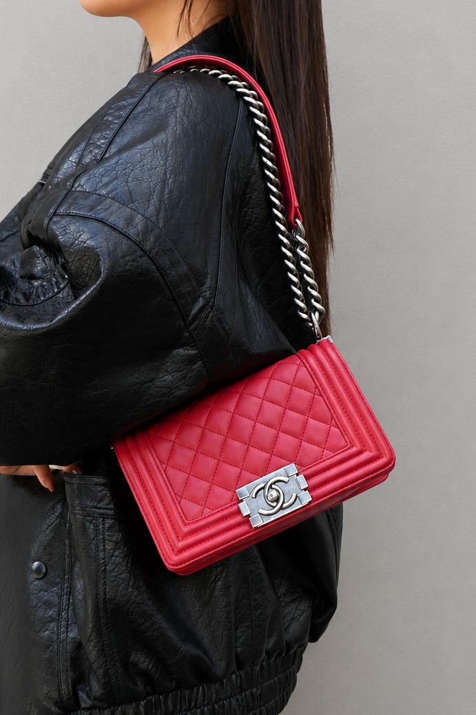 Pre-Owned Chanel 2013 Calfskin Small Flap Boy Bag Red