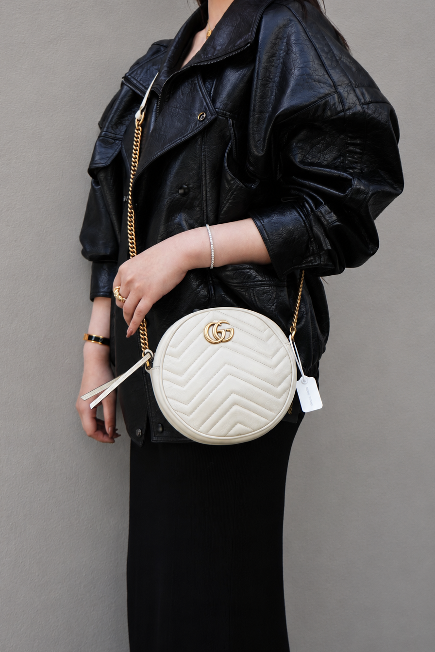 Gucci Calfskin Matelasse Mini GG Marmont Round Shoulder Bag White