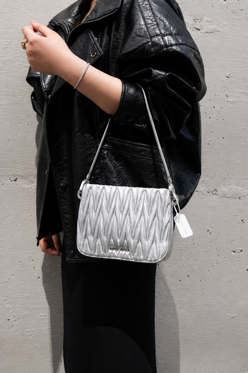 Miu Miu Silver Nappa Matelasse Sassy Shoulder Bag