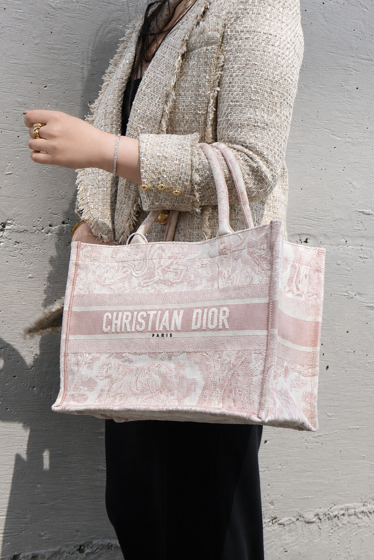 Dior 2020 Ecru and Pink Canvas Medium Toile de Jouy Dior Book Tote Bag