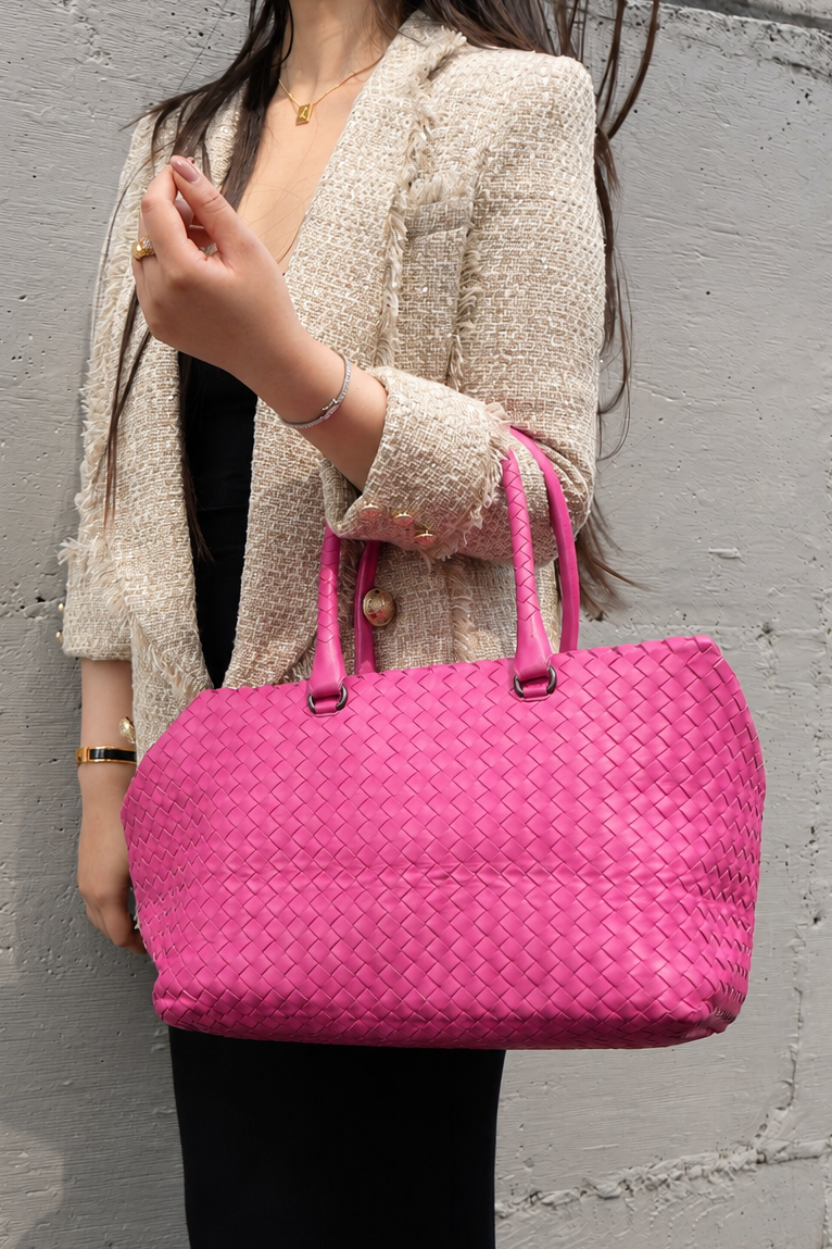 Bottega Veneta Leather Intrecciato Tote Bag Pink