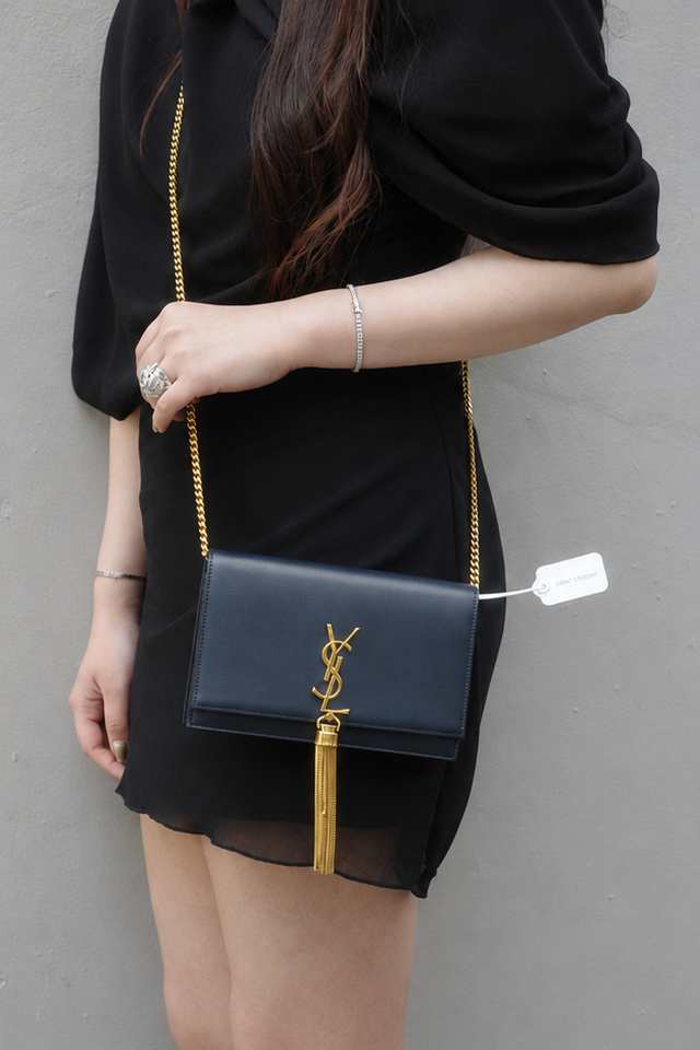 Saint Laurent Navy Smooth Calfskin Kate Tassel Wallet On Chain