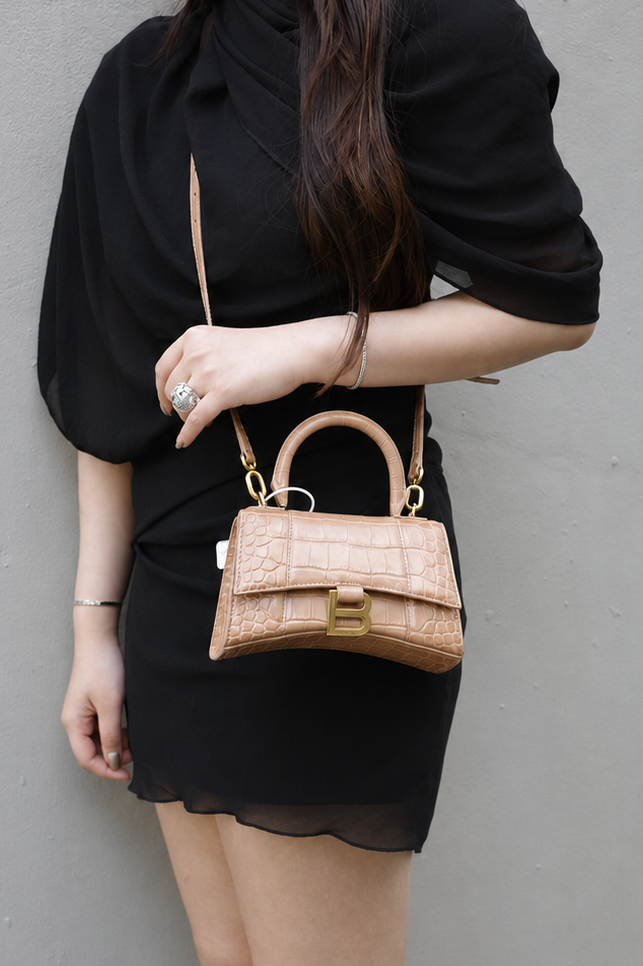 Balenciaga Hourglass XS Handbag Crocodile Embossed In Brown