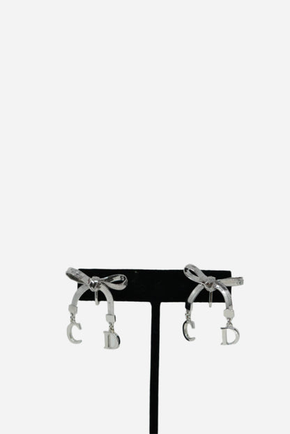 Dior Vintage Bow CD Clip-On Earrings Silver-Tone