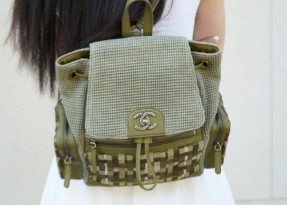 Pre-owned Chanel Tweed Canvas Cuba Pocket Backpack Khaki Green