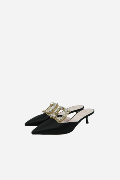 Roger Vivier Satin Crystal Buckle Mules
